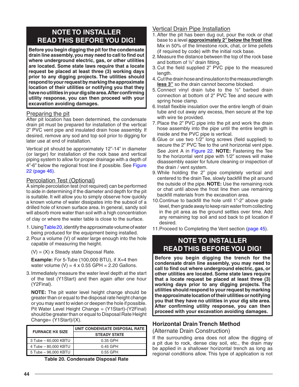 Preparing the pit, Percolation test (optional), Vertical drain pipe installation | Horizontal drain trench method | Reznor R8HE Unit Installation Manual User Manual | Page 44 / 52
