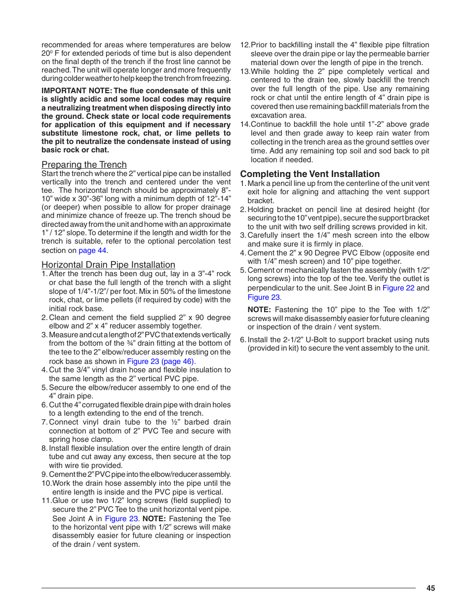 Preparing the trench, Horizontal drain pipe installation, Completing the vent installation | For your specific application, Ent section | Reznor R8HE Unit Installation Manual User Manual | Page 45 / 52