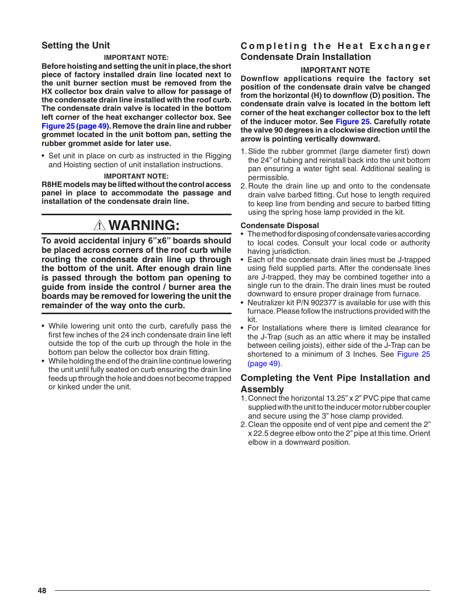 Setting the unit, Completing the vent pipe installation and assembly, Warning | Reznor R8HE Unit Installation Manual User Manual | Page 48 / 52