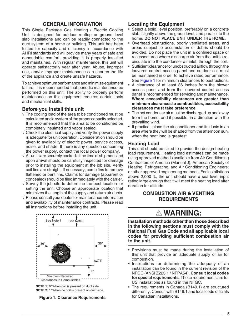 General information, Before you install this unit, Locating the equipment | Heating load, Combustion air & venting requirements, Unit. see, Warning | Reznor R8HE Unit Installation Manual User Manual | Page 5 / 52