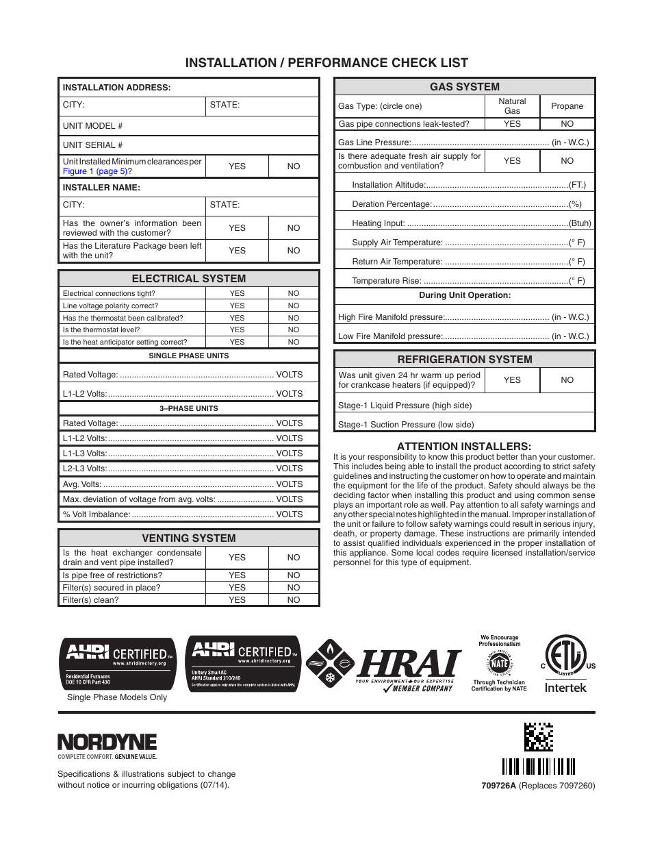 Installation / performance check list | Reznor R8HE Unit Installation Manual User Manual | Page 52 / 52