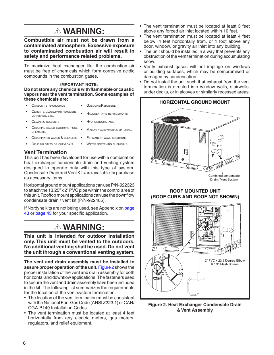 Vent termination, Warning, Horizontal ground mount | Roof mounted unit (roof curb and roof not shown) | Reznor R8HE Unit Installation Manual User Manual | Page 6 / 52