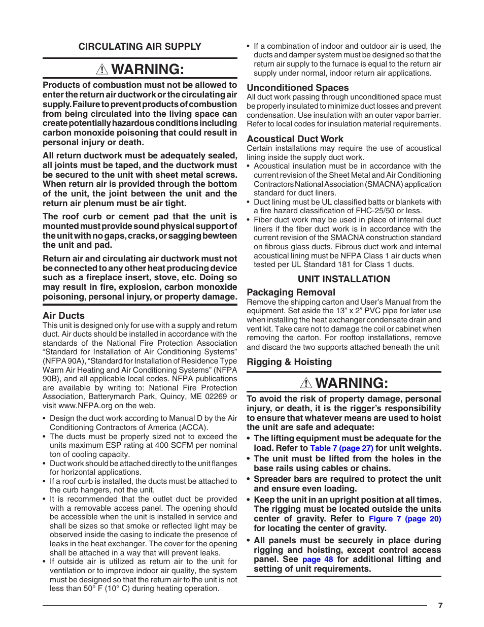 Circulating air supply, Air ducts, Unconditioned spaces | Acoustical duct work, Unit installation, Packaging removal, Rigging & hoisting, Warning | Reznor R8HE Unit Installation Manual User Manual | Page 7 / 52