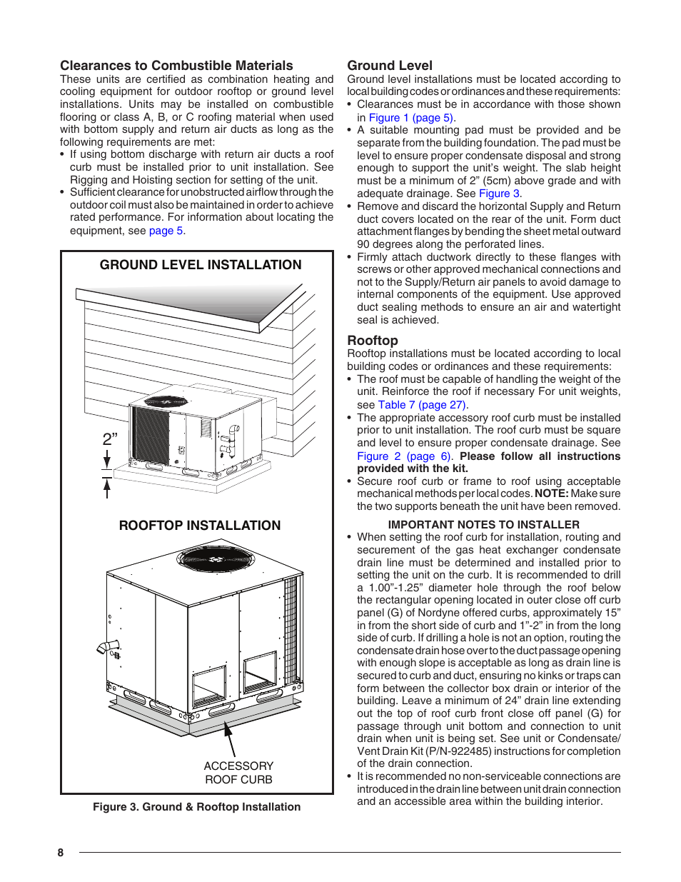 Clearances to combustible materials, Ground level, Rooftop | Reznor R8HE Unit Installation Manual User Manual | Page 8 / 52