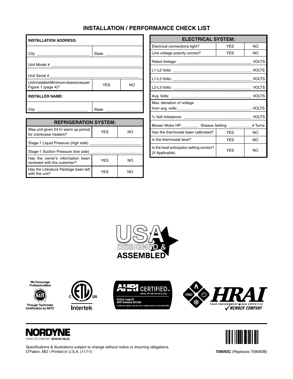 Installation / performance check list | Reznor S5BP Unit Installation Manual User Manual | Page 16 / 16