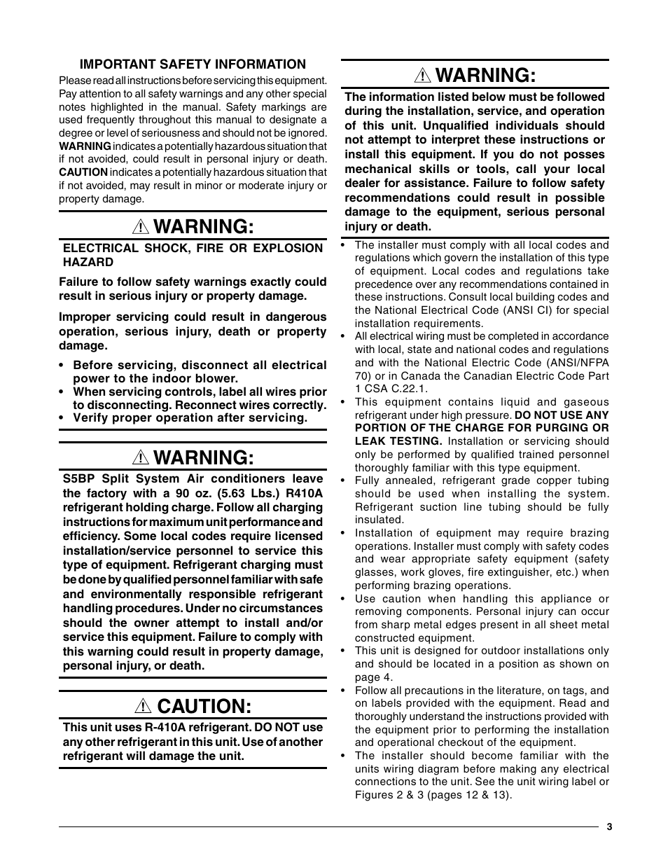 Warning, Caution | Reznor S5BP Unit Installation Manual User Manual | Page 3 / 16