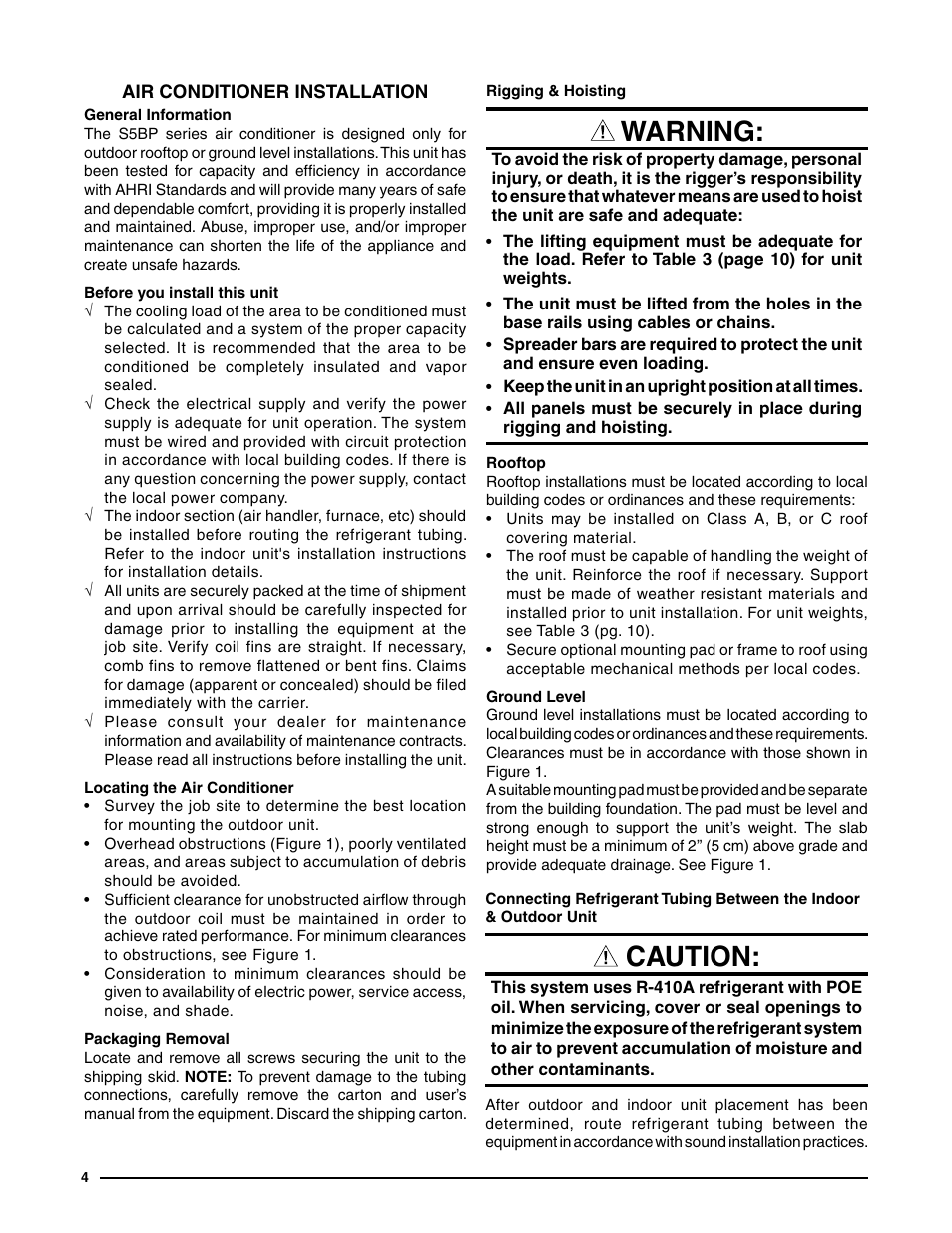 Warning, Caution | Reznor S5BP Unit Installation Manual User Manual | Page 4 / 16