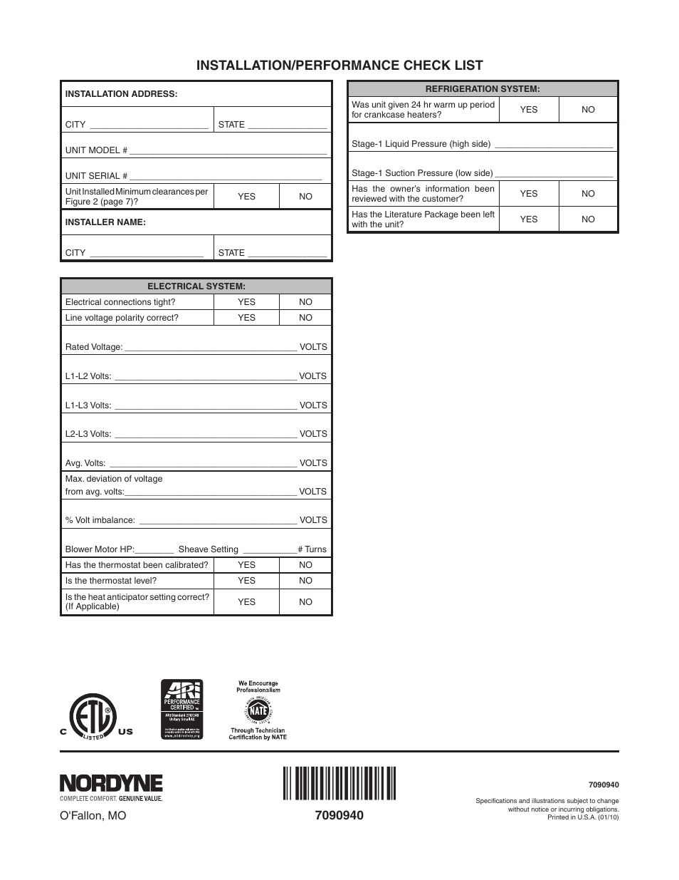 Installation/performance check list | Reznor T5BP Unit Installation Manual User Manual | Page 24 / 24