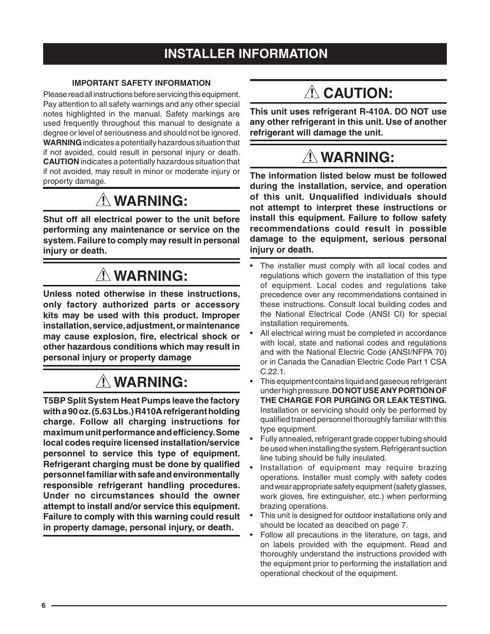 Warning, Caution, Installer information | Reznor T5BP Unit Installation Manual User Manual | Page 6 / 24