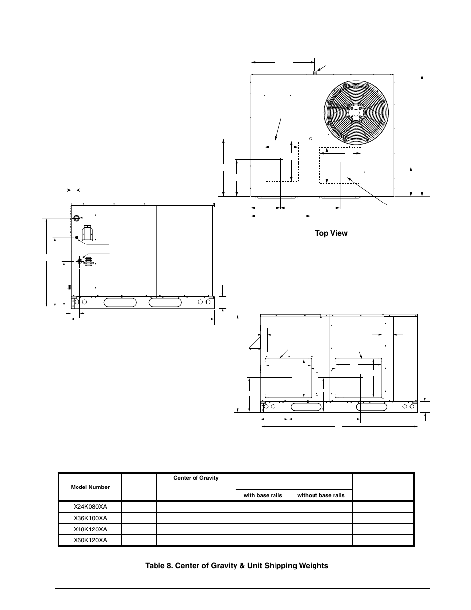 Figures & tables, 24 top view side view back view, Table 8. center of gravity & unit shipping weights | Figure 9. unit dimensions | Reznor R6GF Unit Installation Manual User Manual | Page 24 / 36