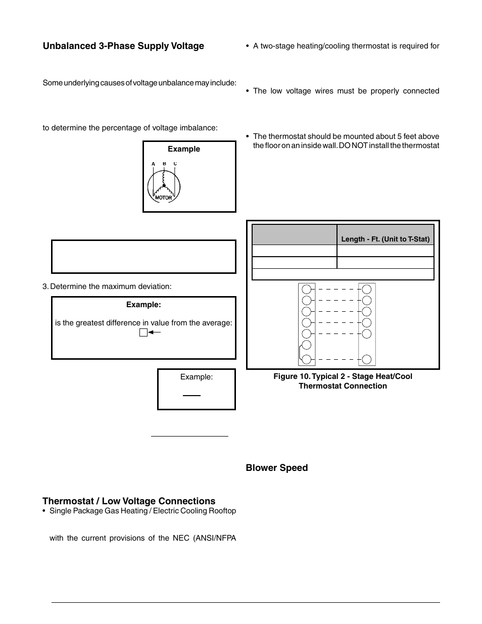Unbalanced 3-phase supply voltage, Thermostat / low voltage connections, Heat anticipator | Blower speed | Reznor R6GP Unit Installation Manual User Manual | Page 14 / 48