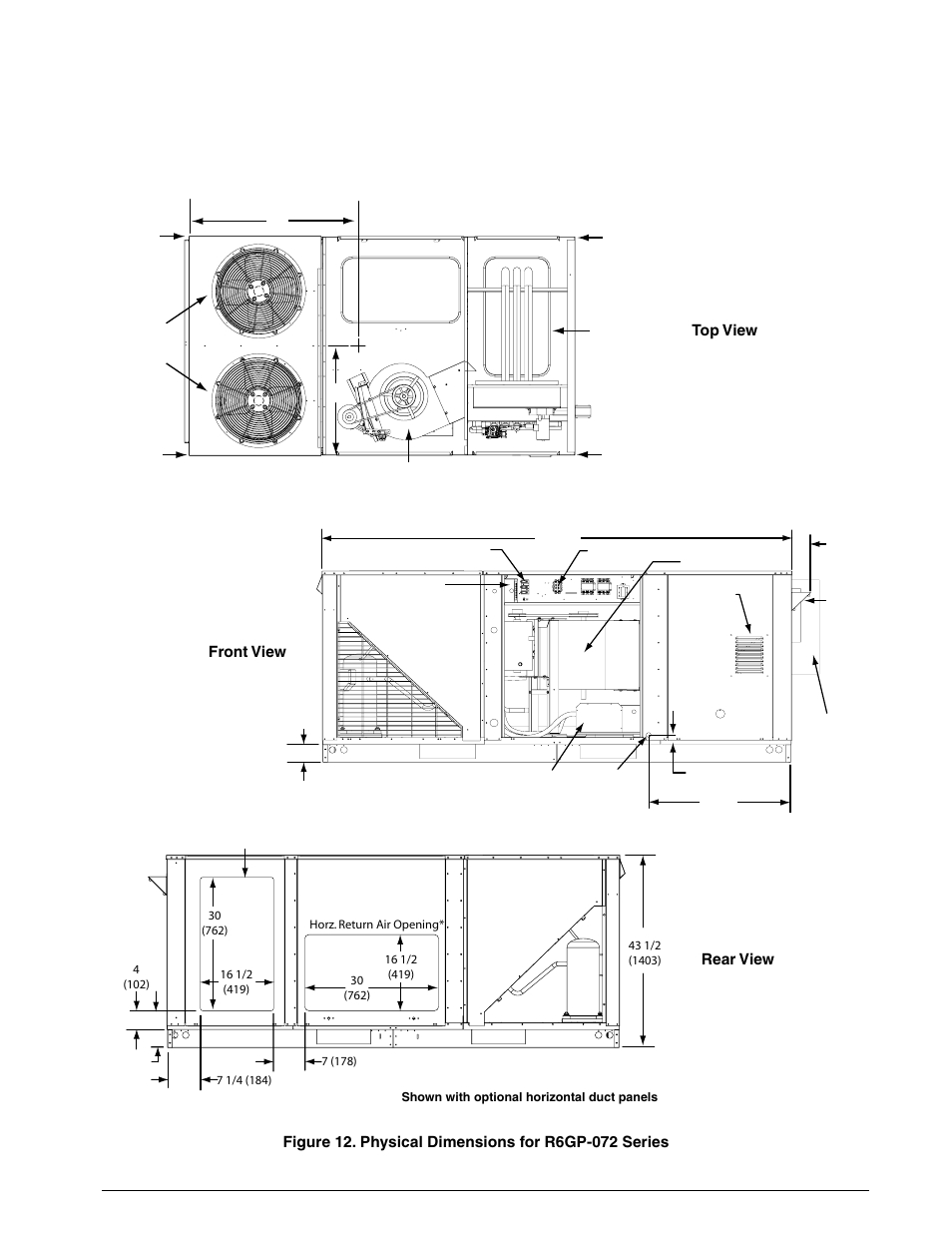 Physical dimensions, Figures & tables, Dimensions shown in inches (mm) | Front view | Reznor R6GP Unit Installation Manual User Manual | Page 22 / 48