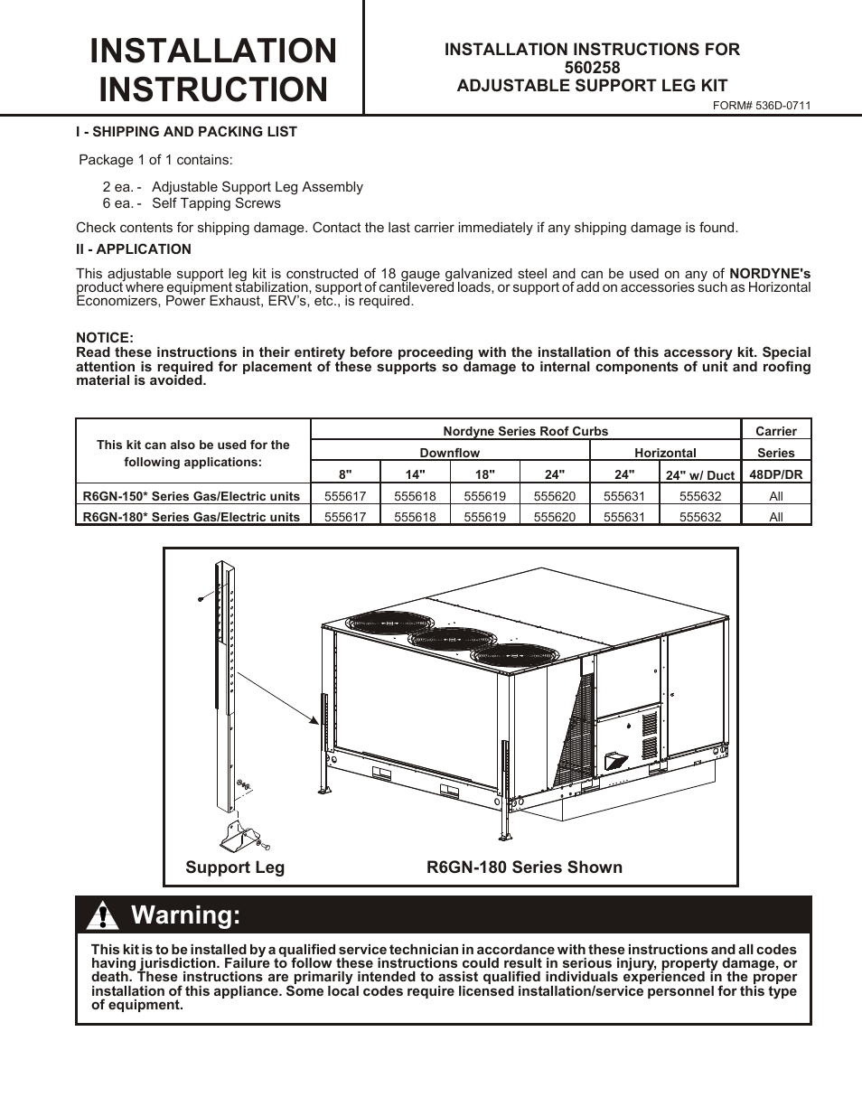 Reznor R6GN Option - Installation - Support Leg (560258) User Manual | 2 pages