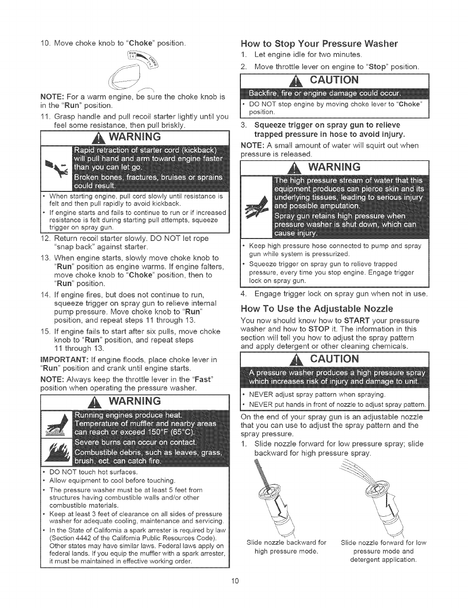 Warning, How to stop yoyr pressure washer, A caution | How to use the adjustable nozzle, Caution | Craftsman 580.752400 User Manual | Page 10 / 52
