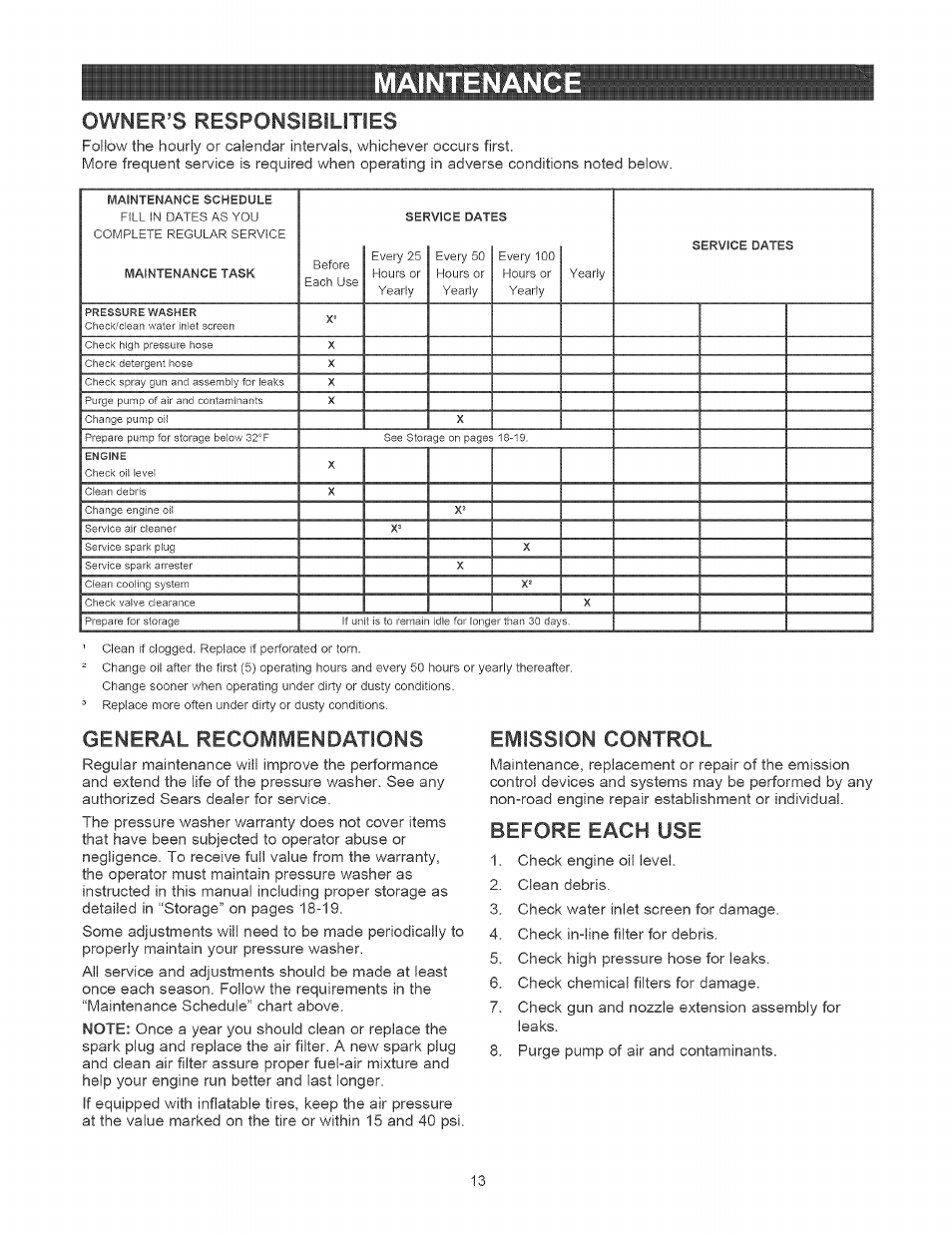 Maintenance, Owner’s responsibilities, Emission control | Before each use, General recommendations | Craftsman 580.752400 User Manual | Page 13 / 52