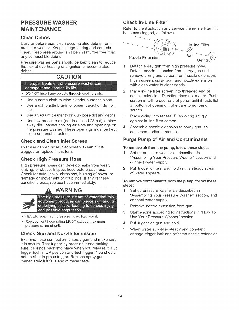 Pressure washer maintenance, Clean debris, Caution | Check and clean inlet screen, Check high pressure hose, Check gun and nozzle extension, Check in-line filter, Purge pump of air and contaminants, Warning | Craftsman 580.752400 User Manual | Page 14 / 52