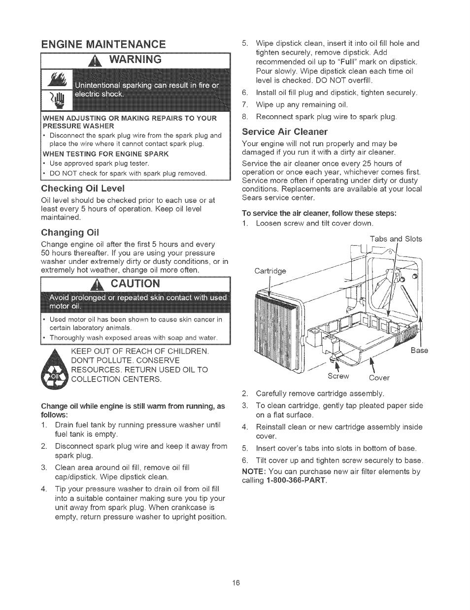 Engine maintenance, Warning, Checking oil level | Changing oil, Caution, Service air cleaner, Libwi, Engine maintenance ^ warning | Craftsman 580.752400 User Manual | Page 16 / 52