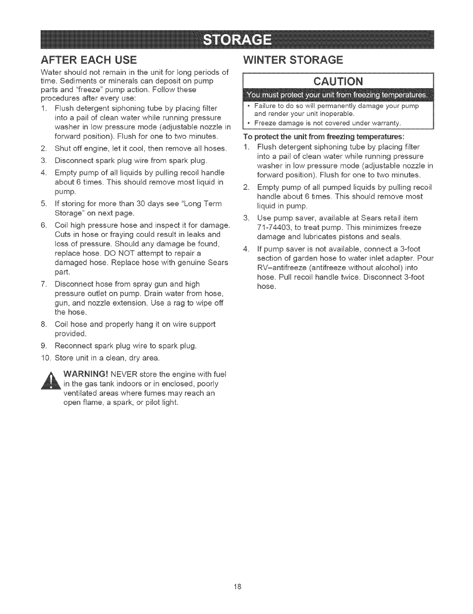 Storage, Winter storage, Caution | Storage -19, Winter storage caution | Craftsman 580.752400 User Manual | Page 18 / 52