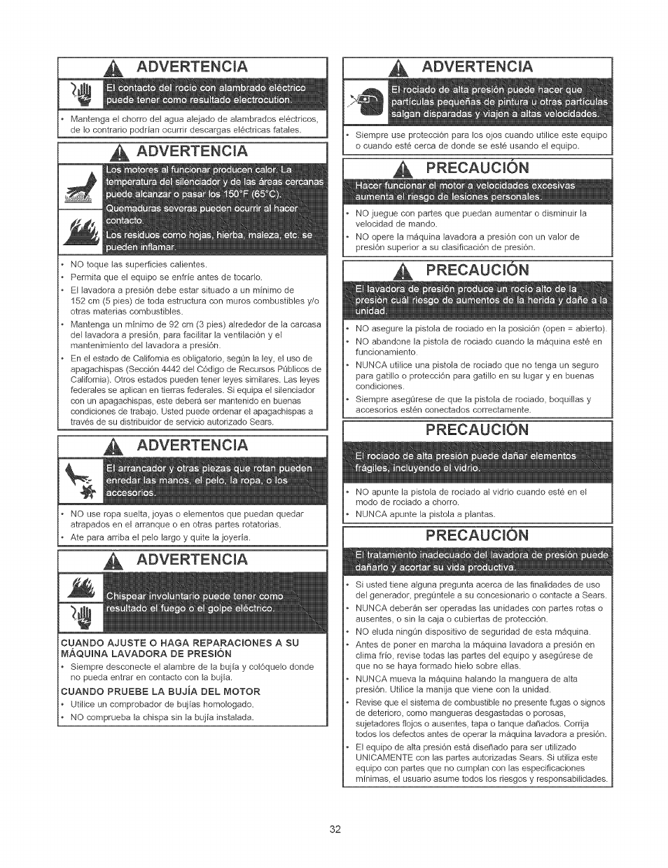 Advertencia, Voluntario ouodo toner, 4 precaucion | Precaucion, I lavadora, Cejado del lavadora de u vida productiva, A advertencia | Craftsman 580.752400 User Manual | Page 32 / 52