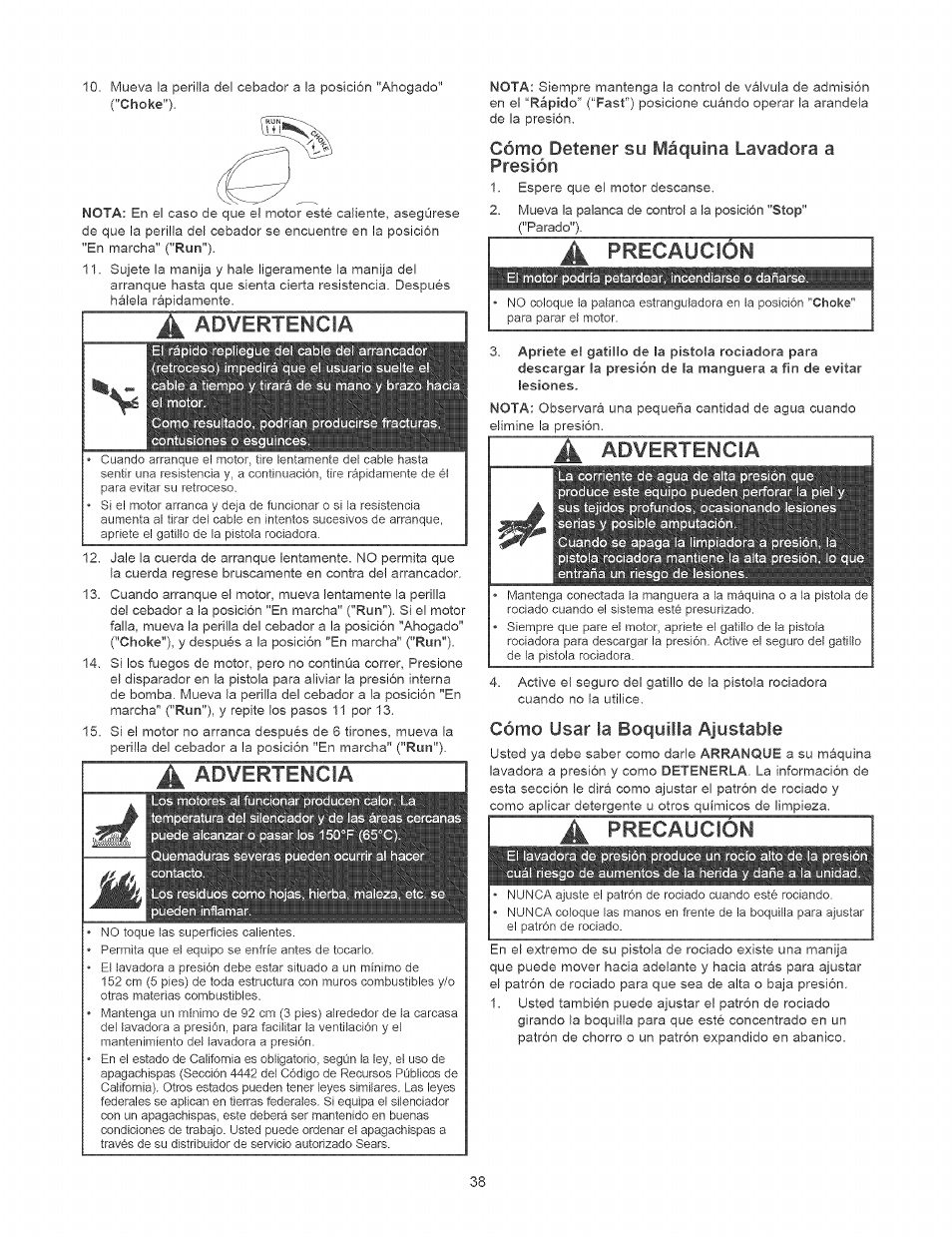 Advertencia, X advertencia, Los mot | Cómo detener su máquina lavadora a presión, Cómo usar la boquilla ajustable, Precaucion | Craftsman 580.752400 User Manual | Page 38 / 52