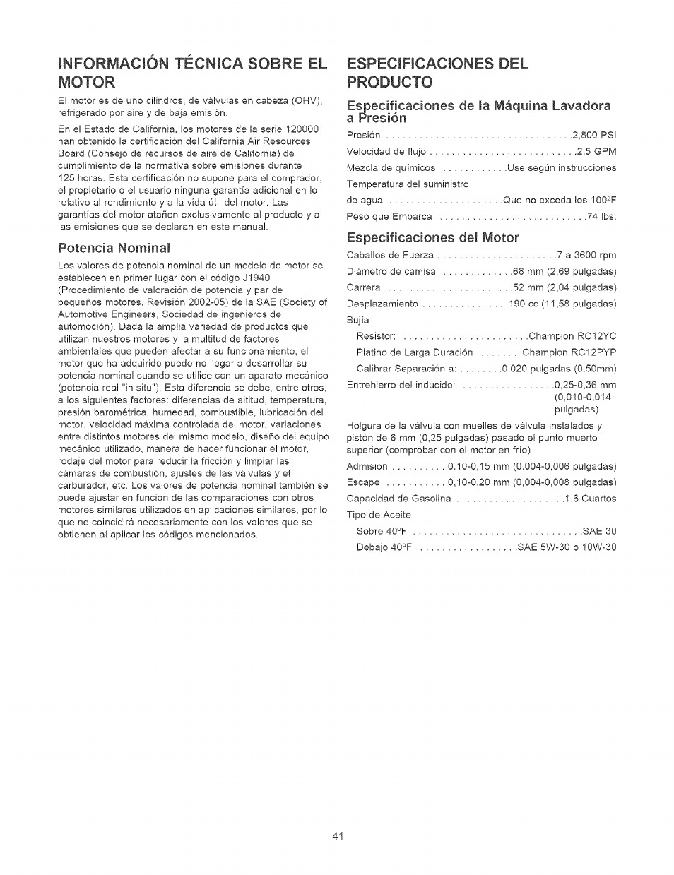 Informacion tecnica sobre el motor, Potencia nominal, Especificaciones del producto | Emec¡f¡caciones de la máquina lavadora a presión, Especificaciones del motor | Craftsman 580.752400 User Manual | Page 41 / 52