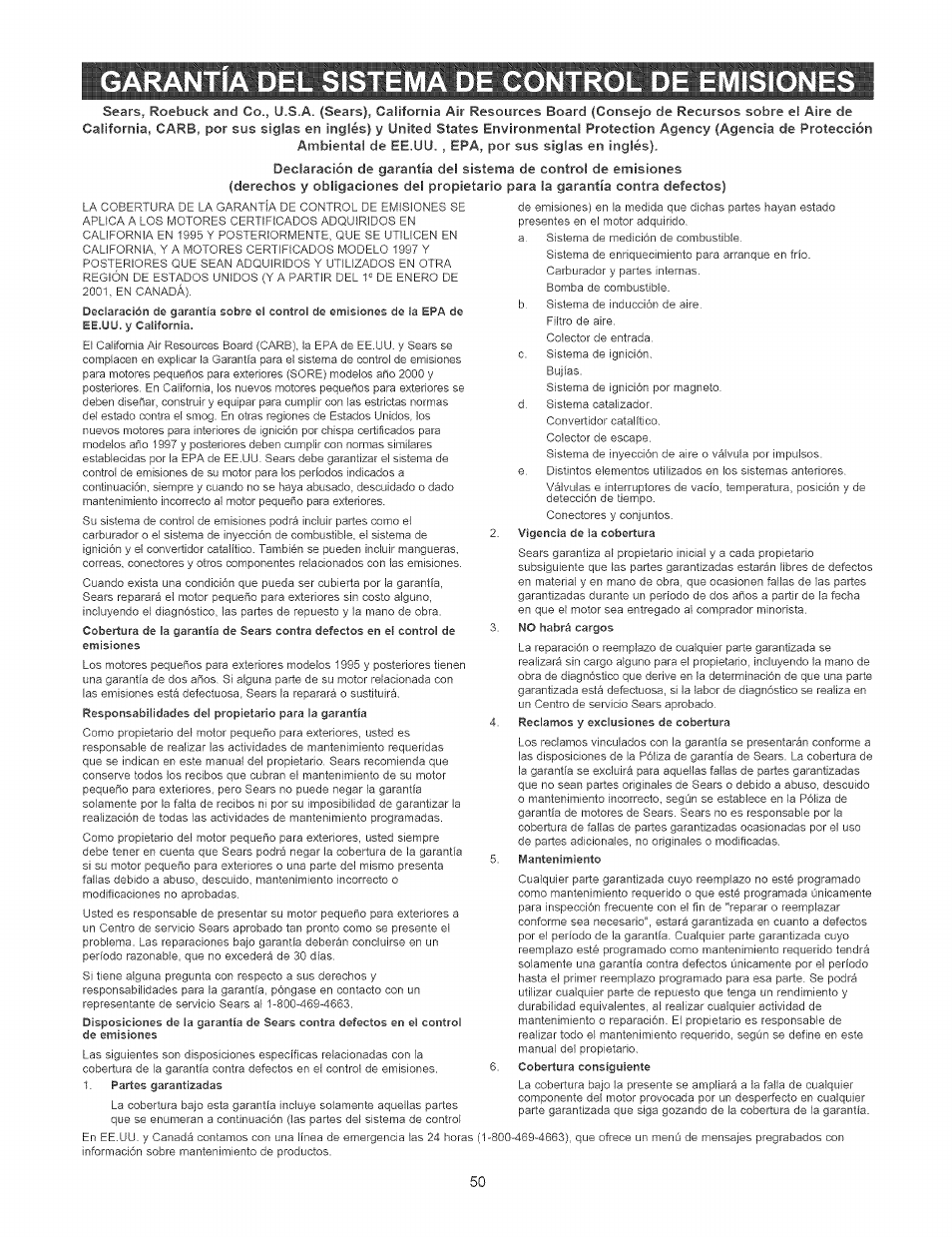 Garantia del sistema de control de emisiones | Craftsman 580.752400 User Manual | Page 50 / 52