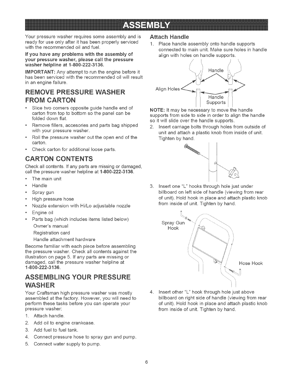 Assembly, Remove pressure washer from carton, Carton contents | Assembling your pressure washer, Attach handle | Craftsman 580.752400 User Manual | Page 6 / 52