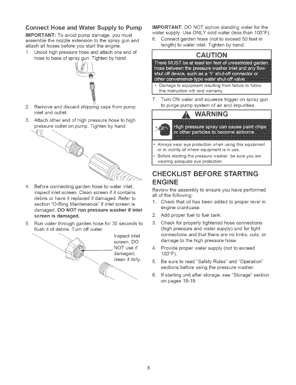 Coririect hose and water supply to pomp, Caution, Checklist before starting engine | Craftsman 580.752400 User Manual | Page 8 / 52