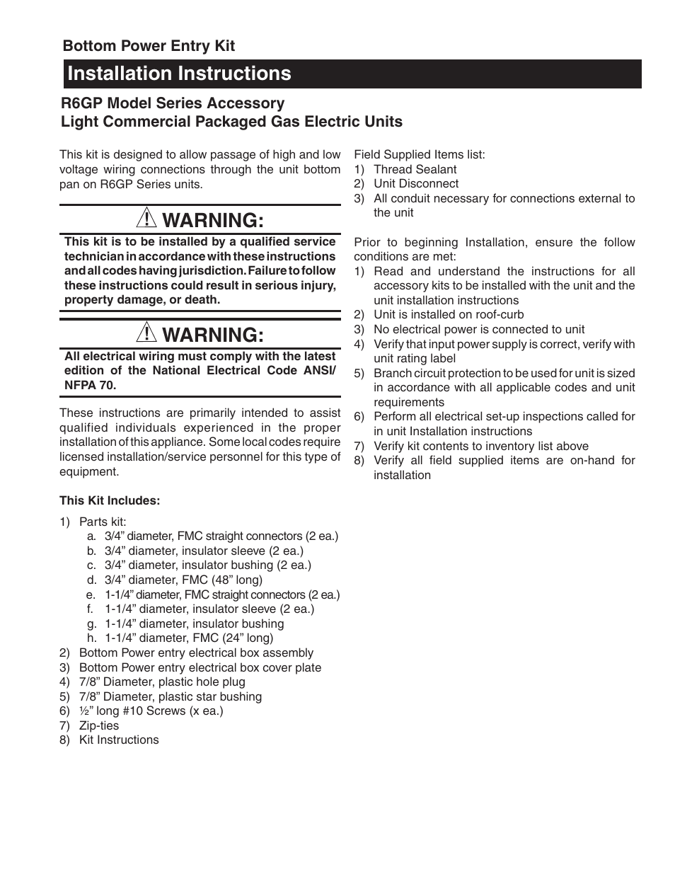 Reznor R6GP Option - Installation - Bottom Power Entry User Manual | 8 pages