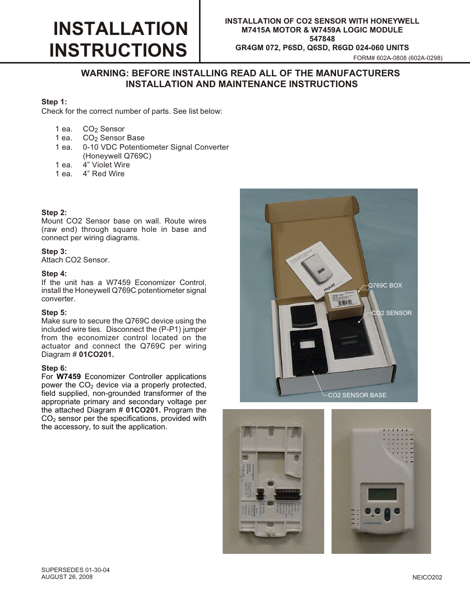 Reznor Q6SD Option - Installation - CO2 Sensor - Light Commercial User Manual | 2 pages