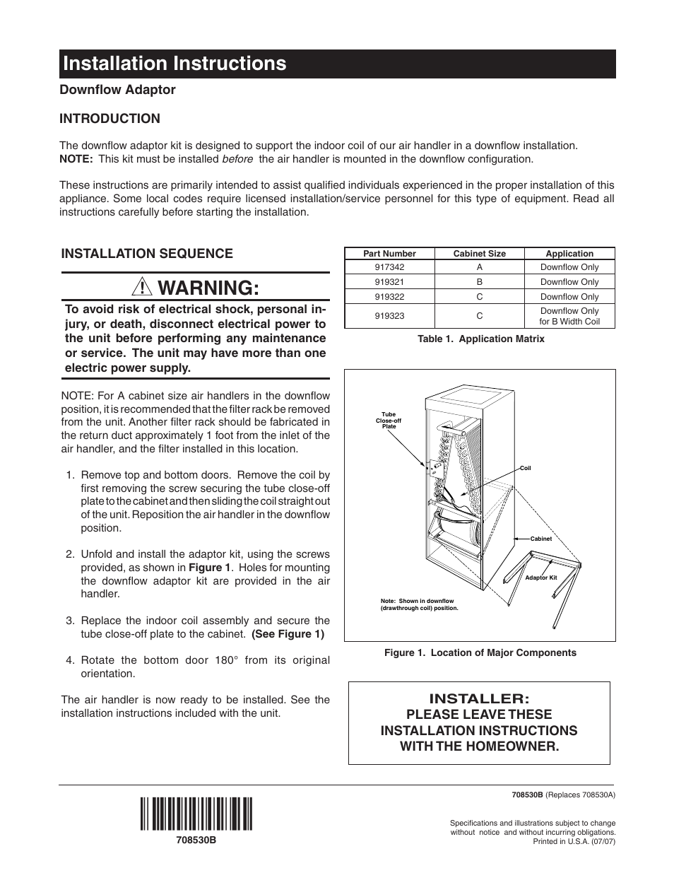 Reznor B6BMM Option - Installation - Downflow Adapter User Manual | 1 page