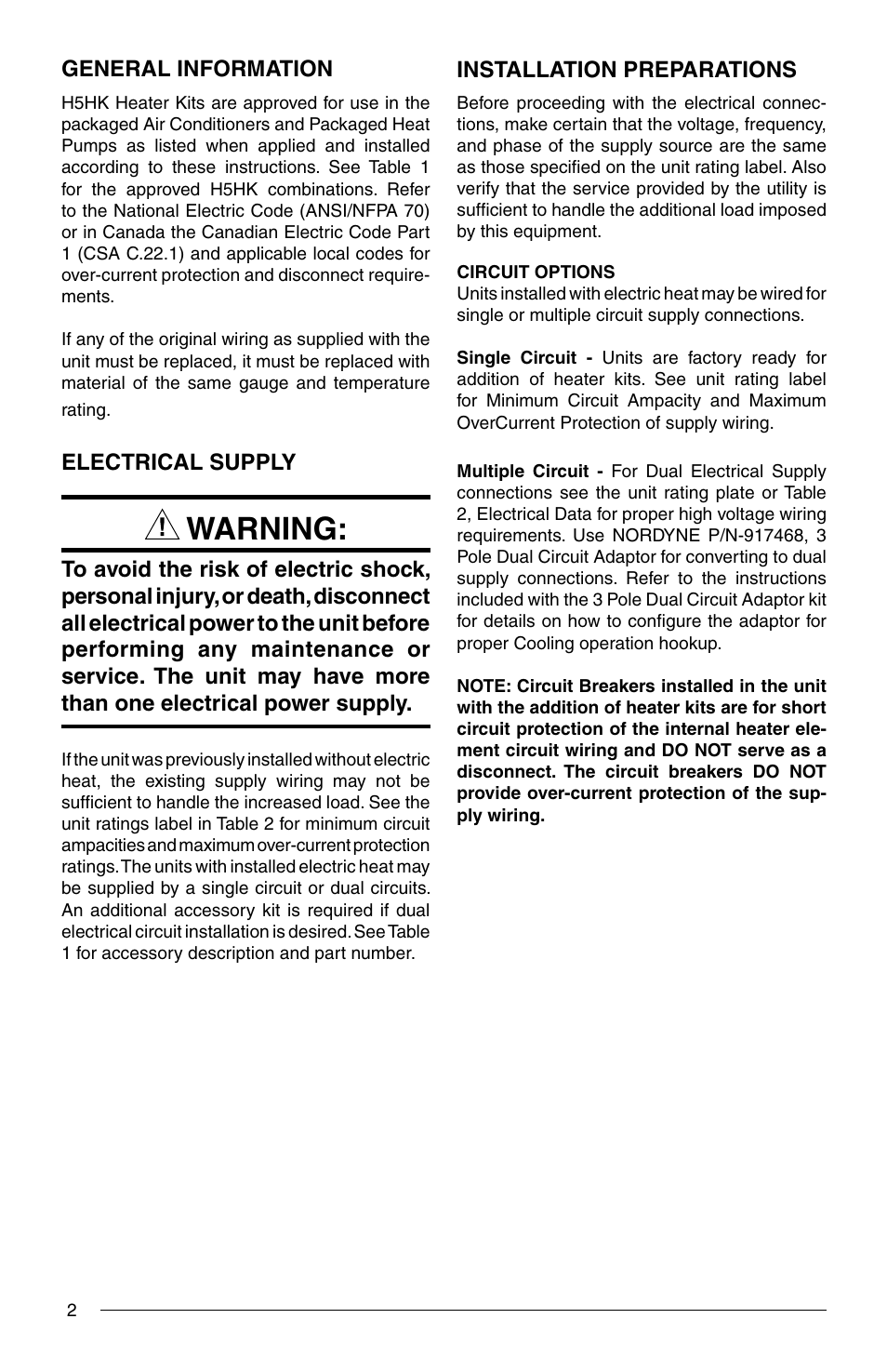 Warning | Reznor Q6SP Option - Installation - Elec Heating User Manual | Page 2 / 20