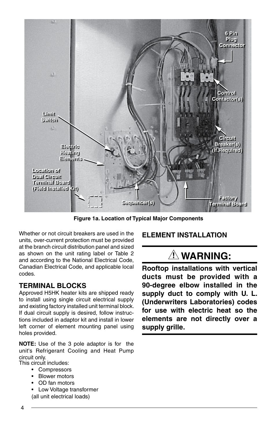 Warning, Terminal blocks, Element installation | Reznor Q6SP Option - Installation - Elec Heating User Manual | Page 4 / 20