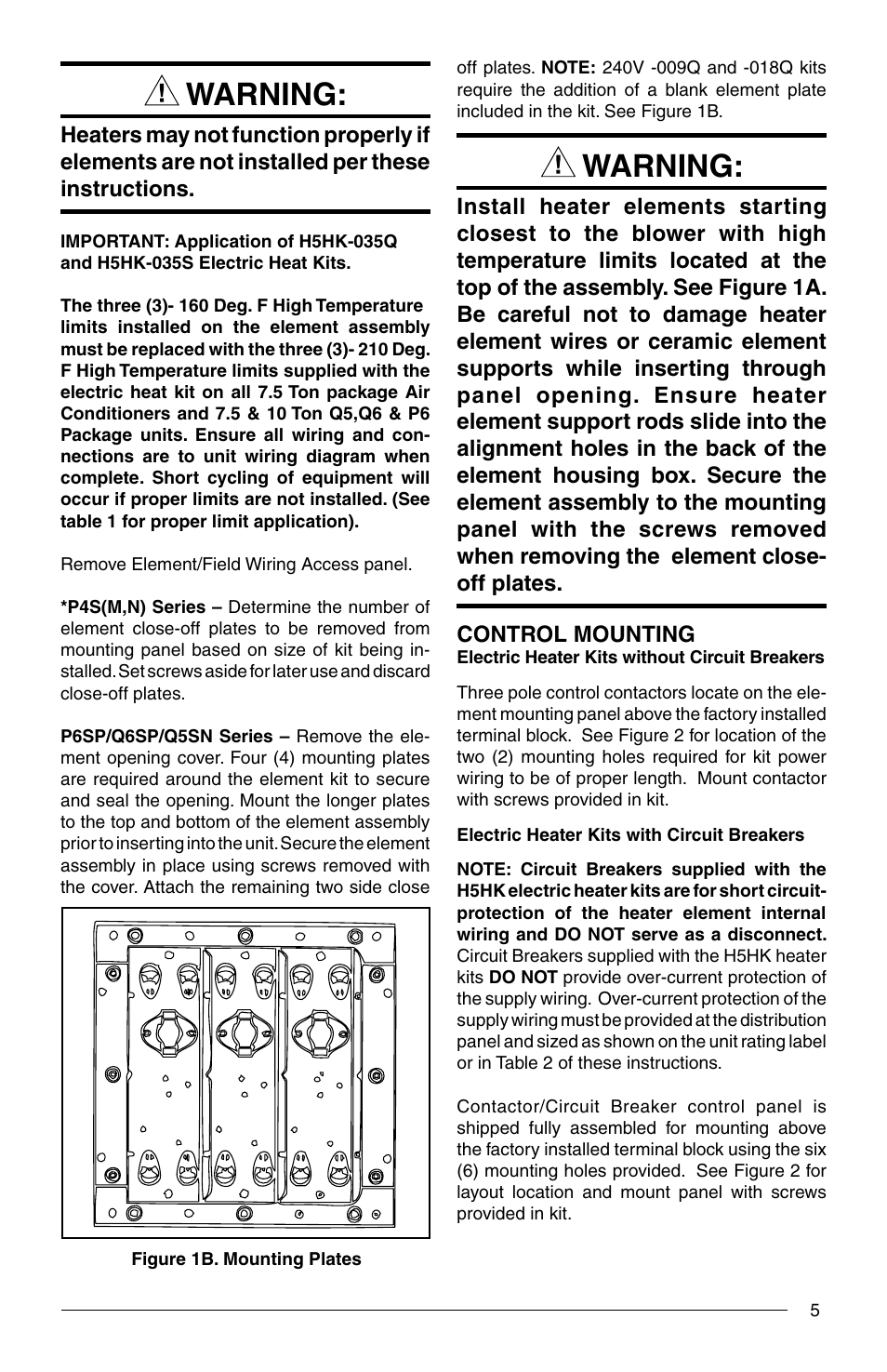 Warning | Reznor Q6SP Option - Installation - Elec Heating User Manual | Page 5 / 20