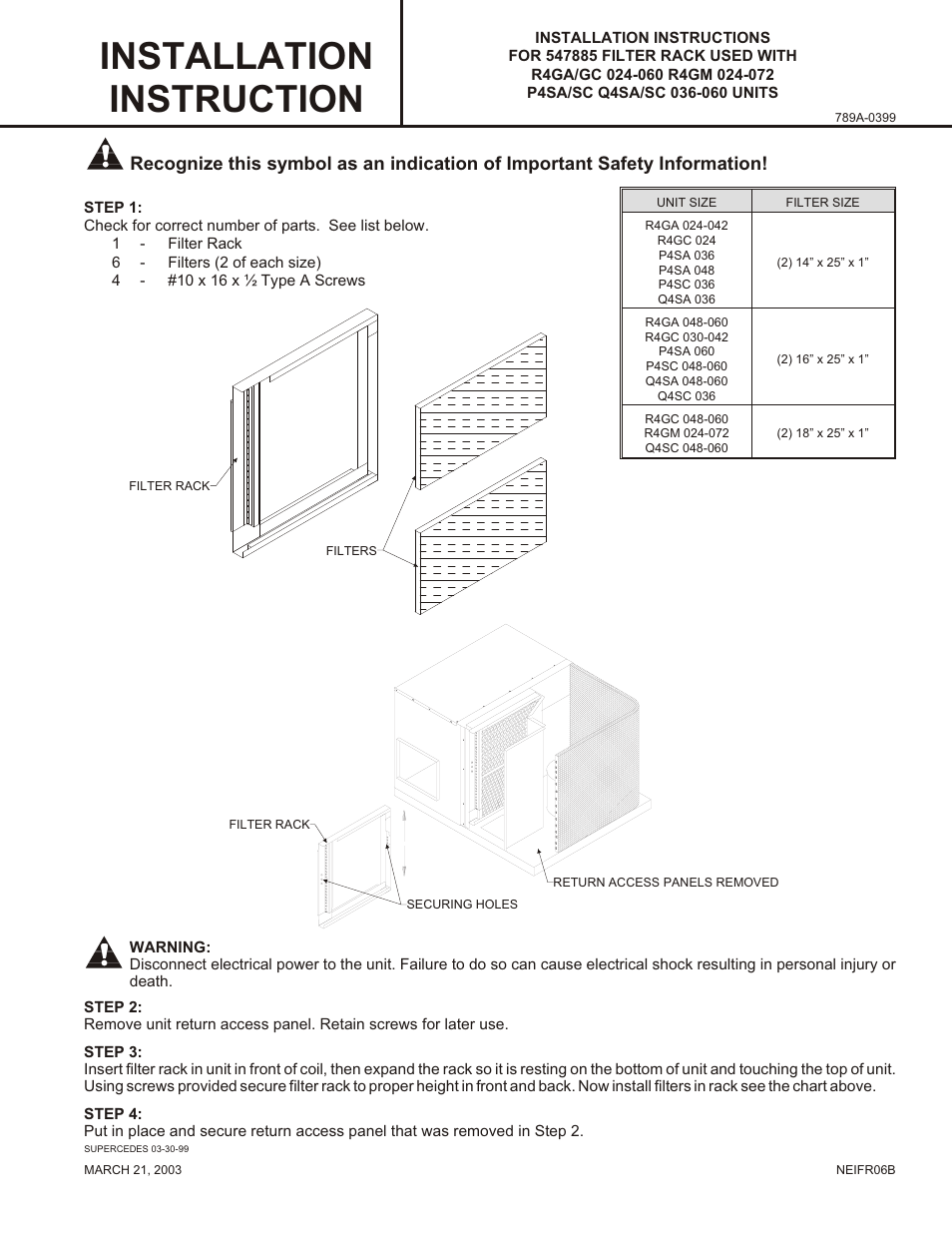 Reznor P6SD Option - Installation - Filter - Lt Commercial User Manual | 1 page