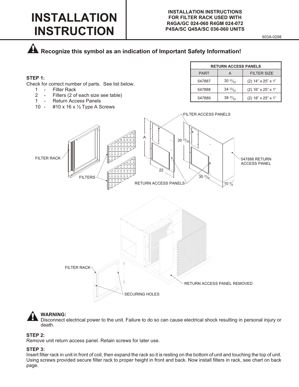 Reznor R6GF Option - Installation - Filter Kit - Light Commercial User Manual | 2 pages