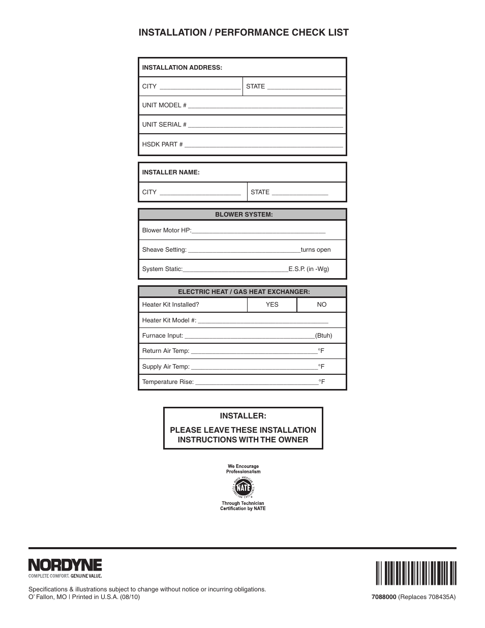 Installation / performance check list | Reznor R6GN Option - Installation - High Static Blower Drive - Light Commercial User Manual | Page 36 / 36