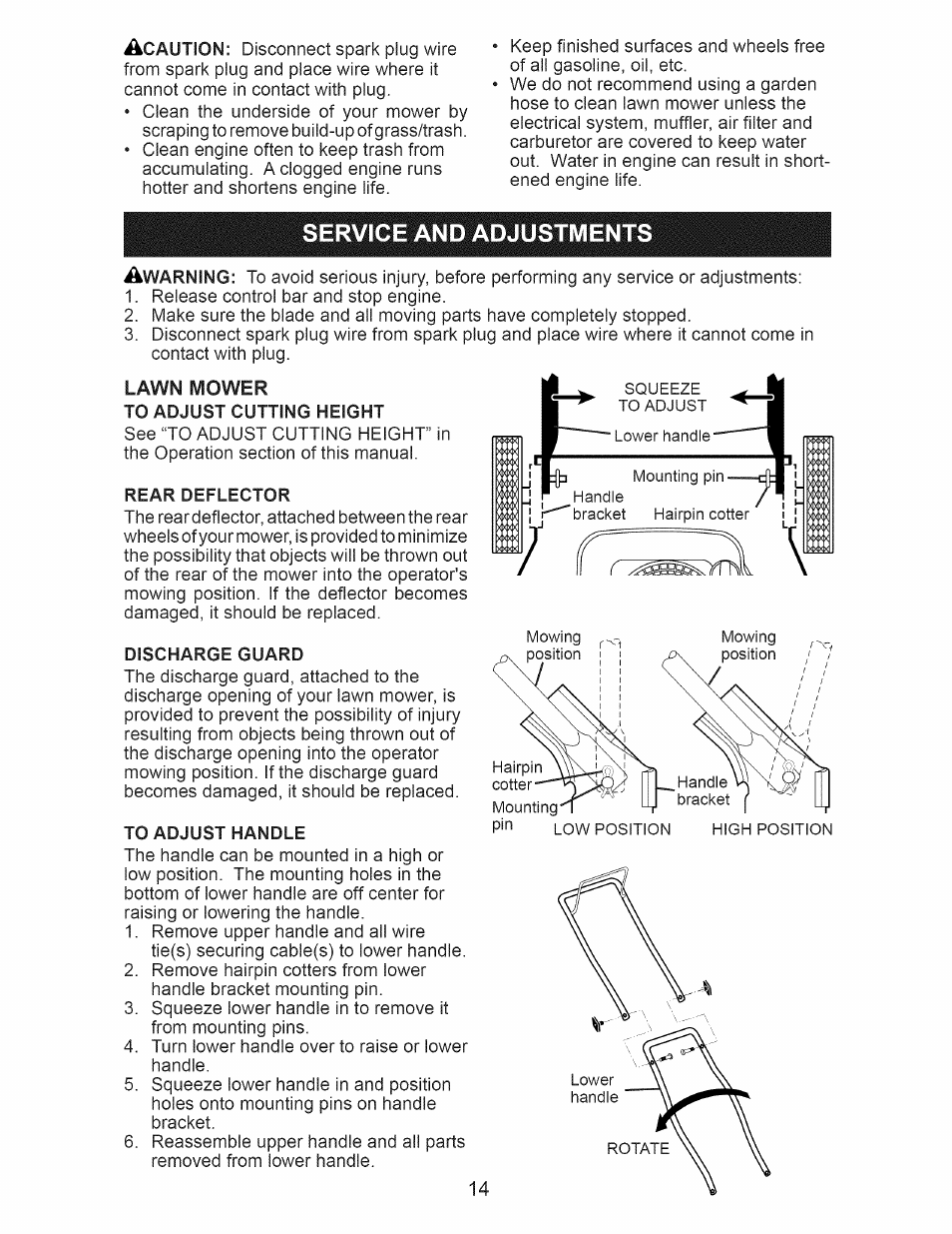 Service and adjustments, Lawn mower to adjust cutting height, Rear deflector | Discharge guard, To adjust handle | Craftsman 917.385270 User Manual | Page 14 / 44