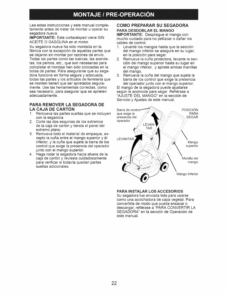 Montaje / pre-operacion, Para remover la segadora de la caja de cartón, Montaje / pre-operación | Craftsman 917.385270 User Manual | Page 22 / 44