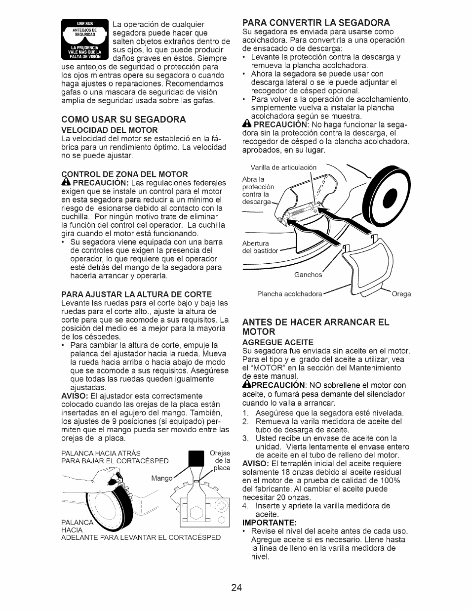 Como usar su segadora velocidad del motor, Para convertir la segadora, Antes de hacer arrancar el motor | Craftsman 917.385270 User Manual | Page 24 / 44