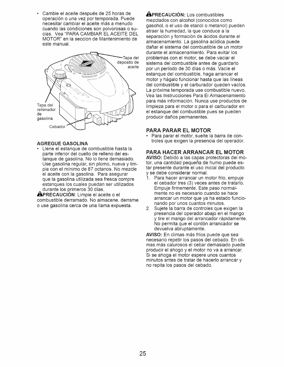 Para parar el motor, Para hacer arrancar el motor | Craftsman 917.385270 User Manual | Page 25 / 44