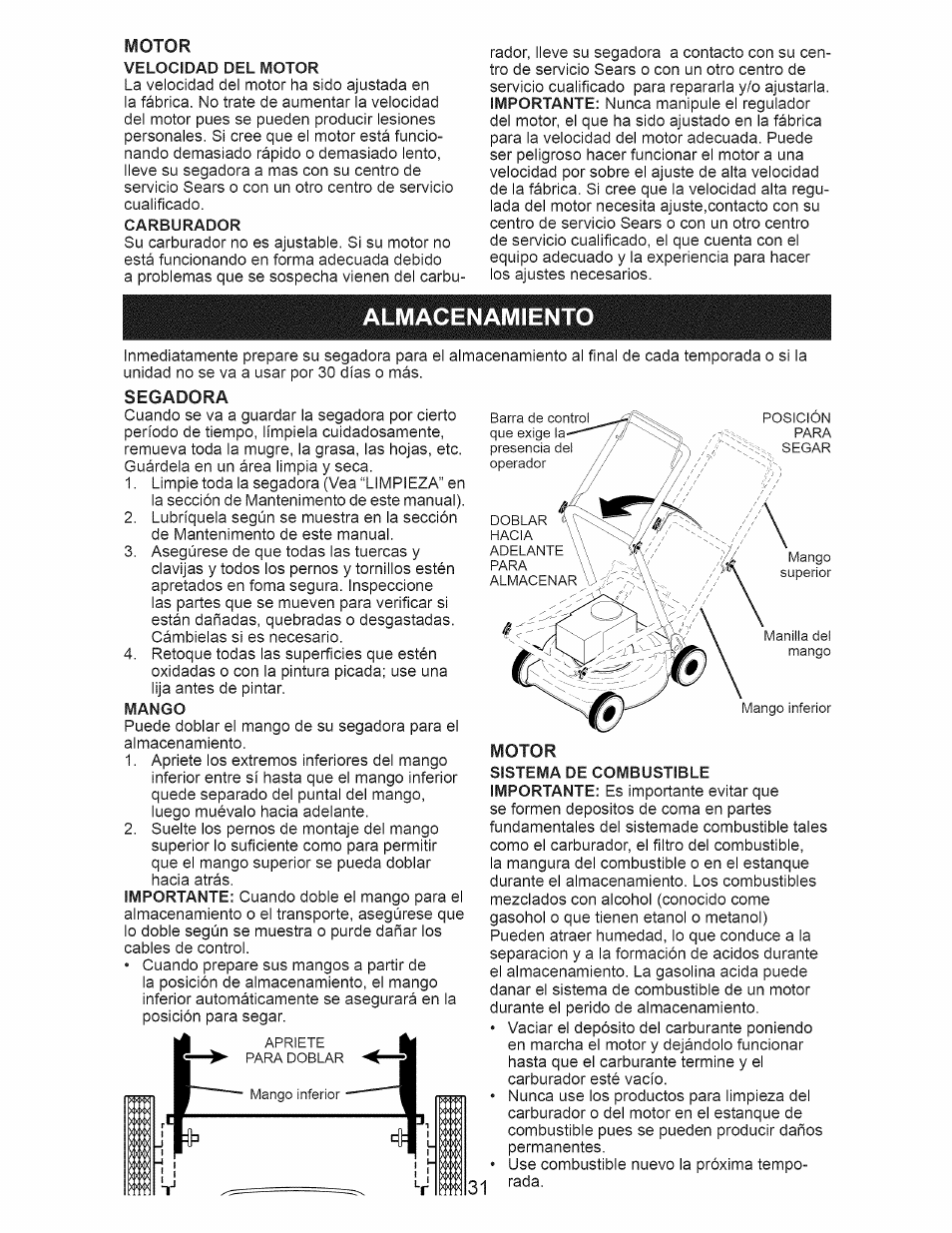 Motor, Almacenamiento, Segadora | Almacenamiento -32 | Craftsman 917.385270 User Manual | Page 31 / 44