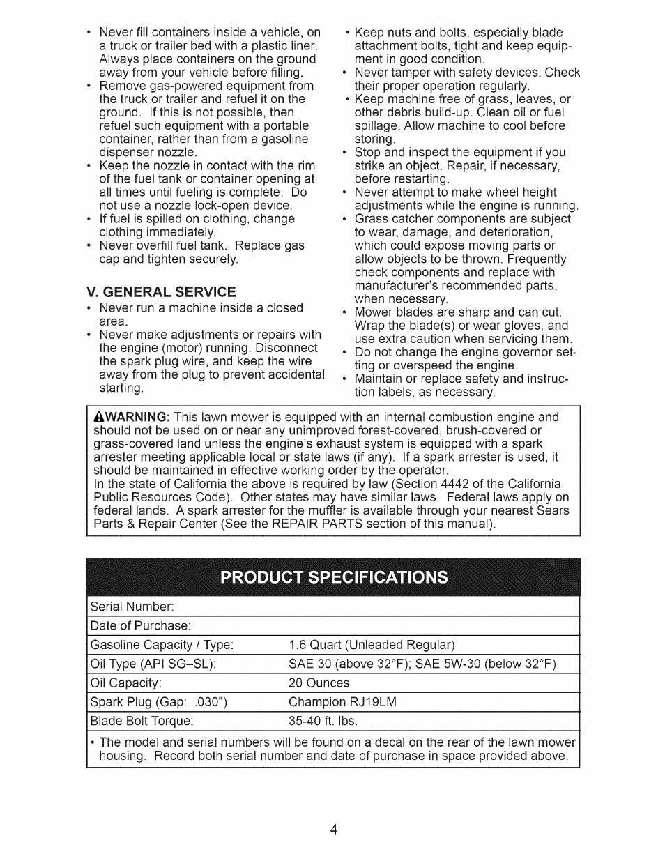 Product specifications | Craftsman 917.385270 User Manual | Page 4 / 44