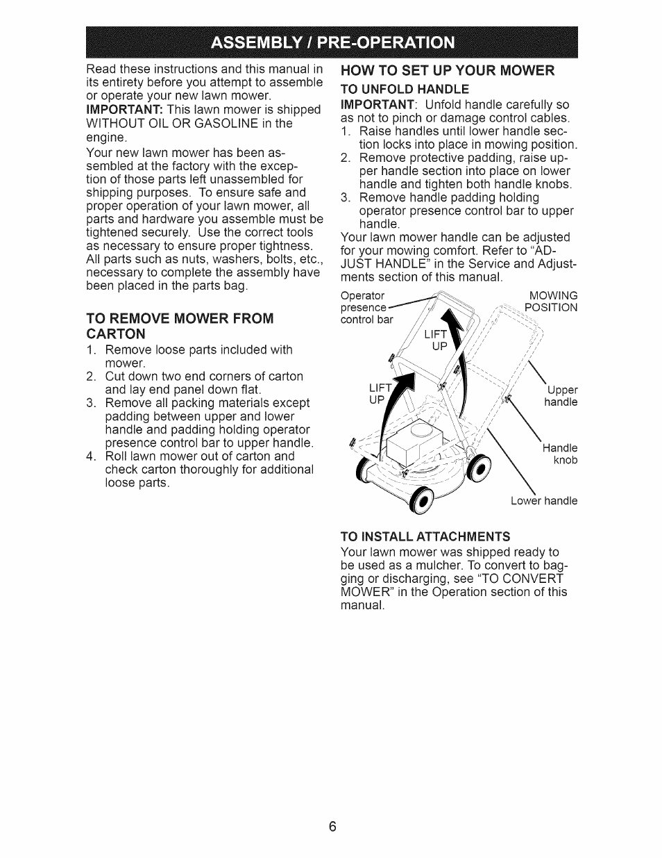 Assembly / pre-operation, To install attachments | Craftsman 917.385270 User Manual | Page 6 / 44