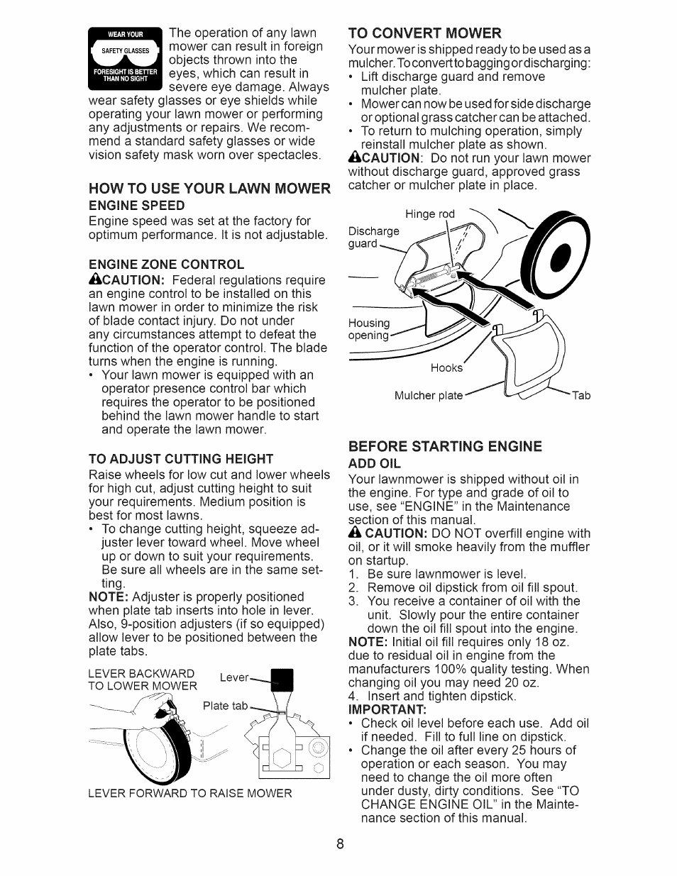 Engine speed, Engine zone control, To adjust cutting height | Craftsman 917.385270 User Manual | Page 8 / 44