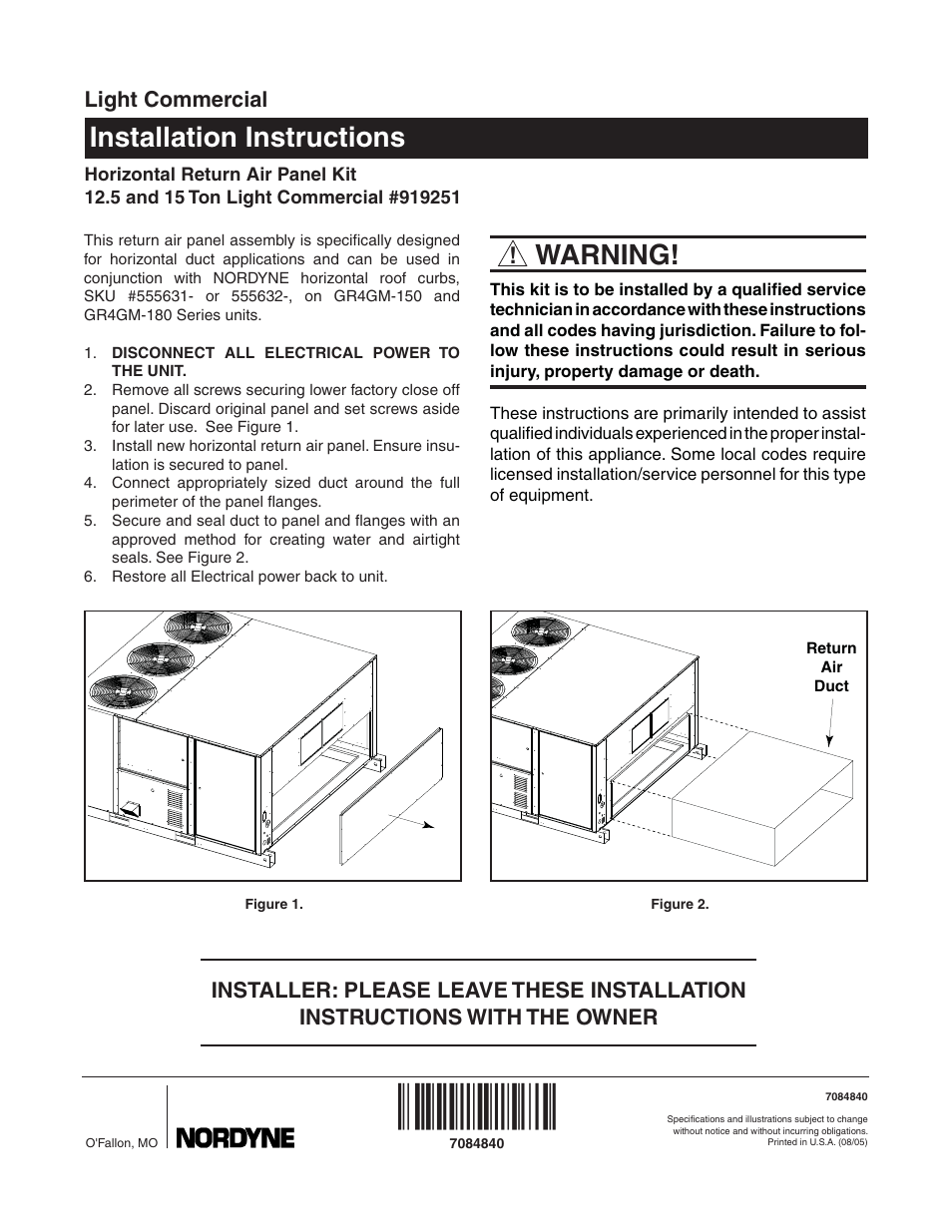 Reznor R6GN Option - Installation - Horizontal Return Air Panel Kit User Manual | 1 page