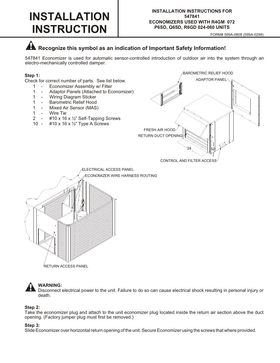 Reznor R6GF Option - Installation - Horiz. Economizer - Light Commercial User Manual | 4 pages