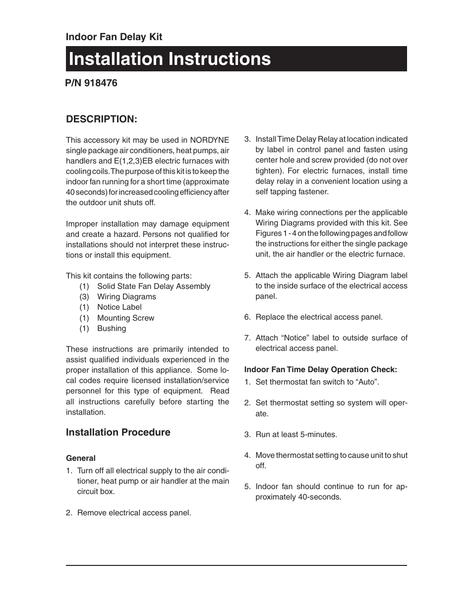 Reznor JT4BD Option - Installation - Indoor Fan Delay User Manual | 4 pages