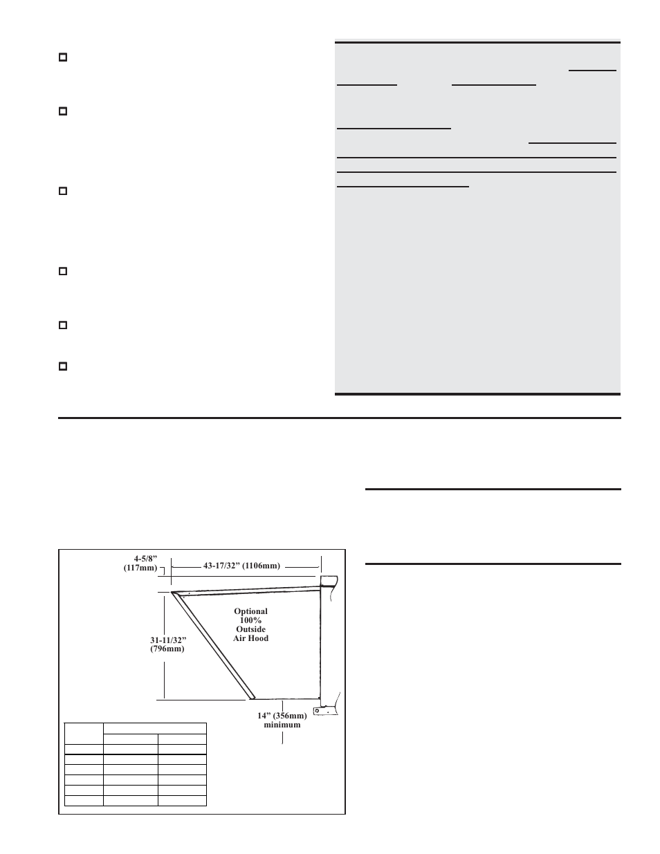 Optional equipment, 100% outside air hood, Optional equipment 100% outside air hood | Optional accessories, 100% outside air hood (outdoor models), Check installation after start-up | Reznor XE Unit Installation Manual User Manual | Page 32 / 45