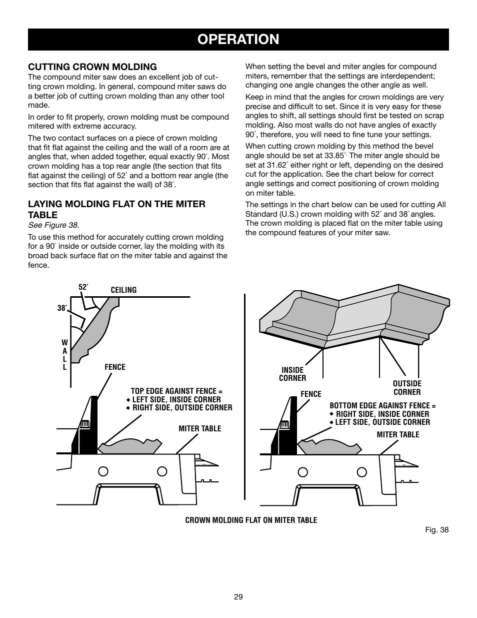 Operation, Cutting crown molding, Laying molding flat on the miter table | Craftsman 315.21234 User Manual | Page 29 / 42